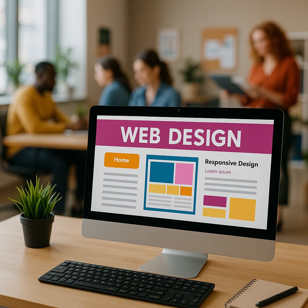Izrada web stranica Računalo s web dizajnom, a u pozadini neka bude ured sa ljudima u pozadini koje rade posao. Neka bude u bojama i neka ima života slika. Računalo neka bude u prvom planu ali sa strane a na stolu neka bude crna tipkovnica bilježnica i neka ima dekoracije biljka. Web dizajn Hrvatska 2025
