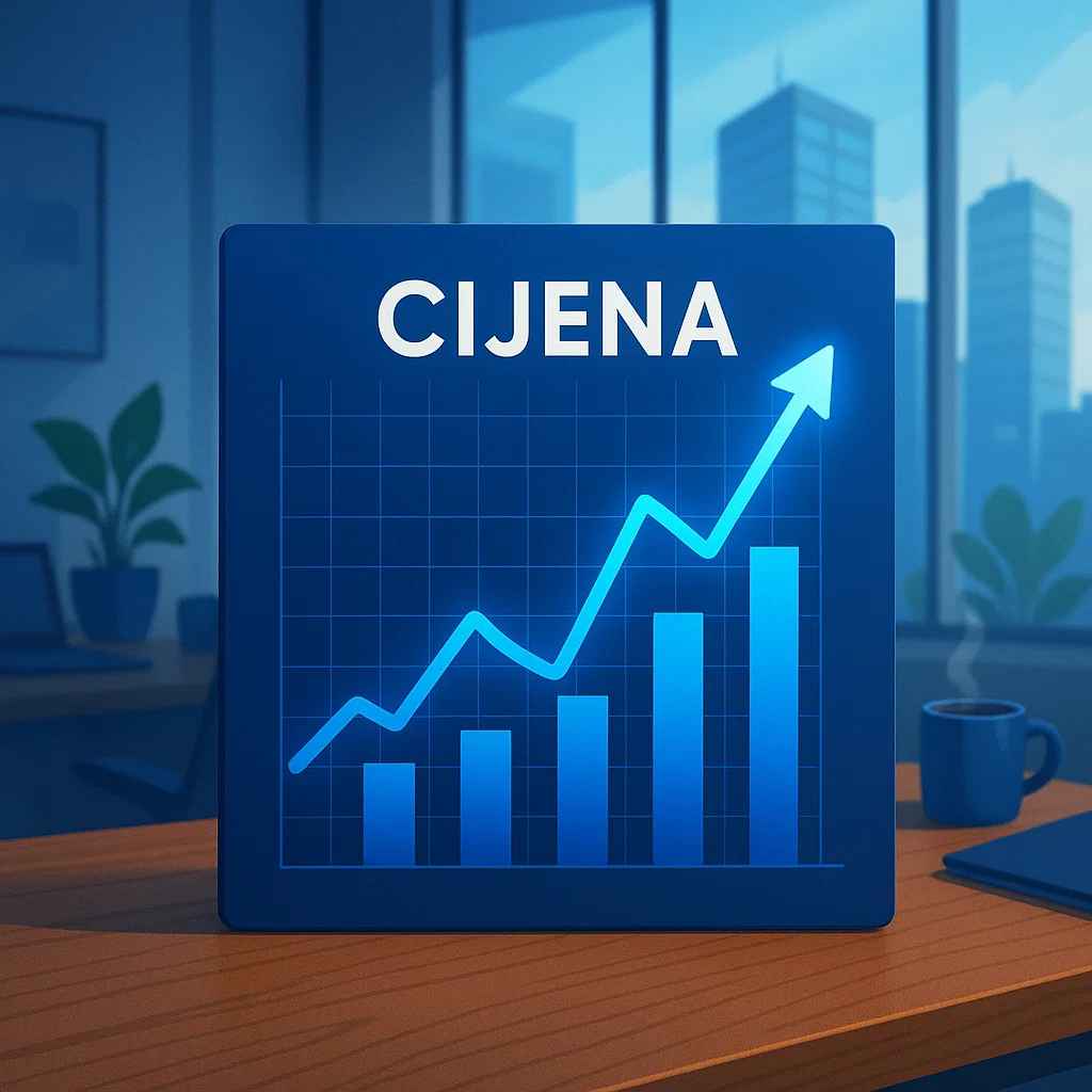 Cijena izrade web stranice Grafikon cijena. Neka prevladava ton plave boje ali neka da bude živ i atraktivan. Neka grafikon ide prema gore. Nemoj nikakve brojeve nego samo zanimljive elemente. Neka grafikon bude na stolu drvenome a u pozadini ugodna poslovna atmosfera. U pozadini se kroz prozor vide visoke staklene zgrade. Cijena izrade web stranice graf