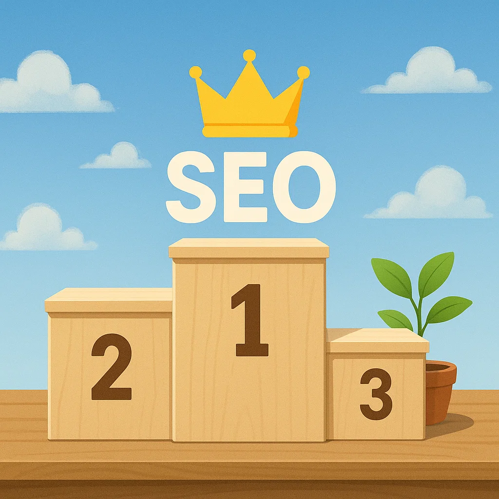 SEO optimatizacija web stranice Podium prvih 3 mjesta. 1 mjesto je najviše i na njemu je tekst "SEO". Pozadina podiuma je vedro nebo i poduim je na drvenom stolu sa biljkom u tegli pokraj. Kruna je na tekstu. SEO optimizacija web stranice