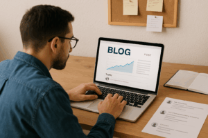 Mali poduzetnik piše blog na poslovnoj web stranici i prati SEO rezultate na laptopu. Blog na poslovnoj web stranici.