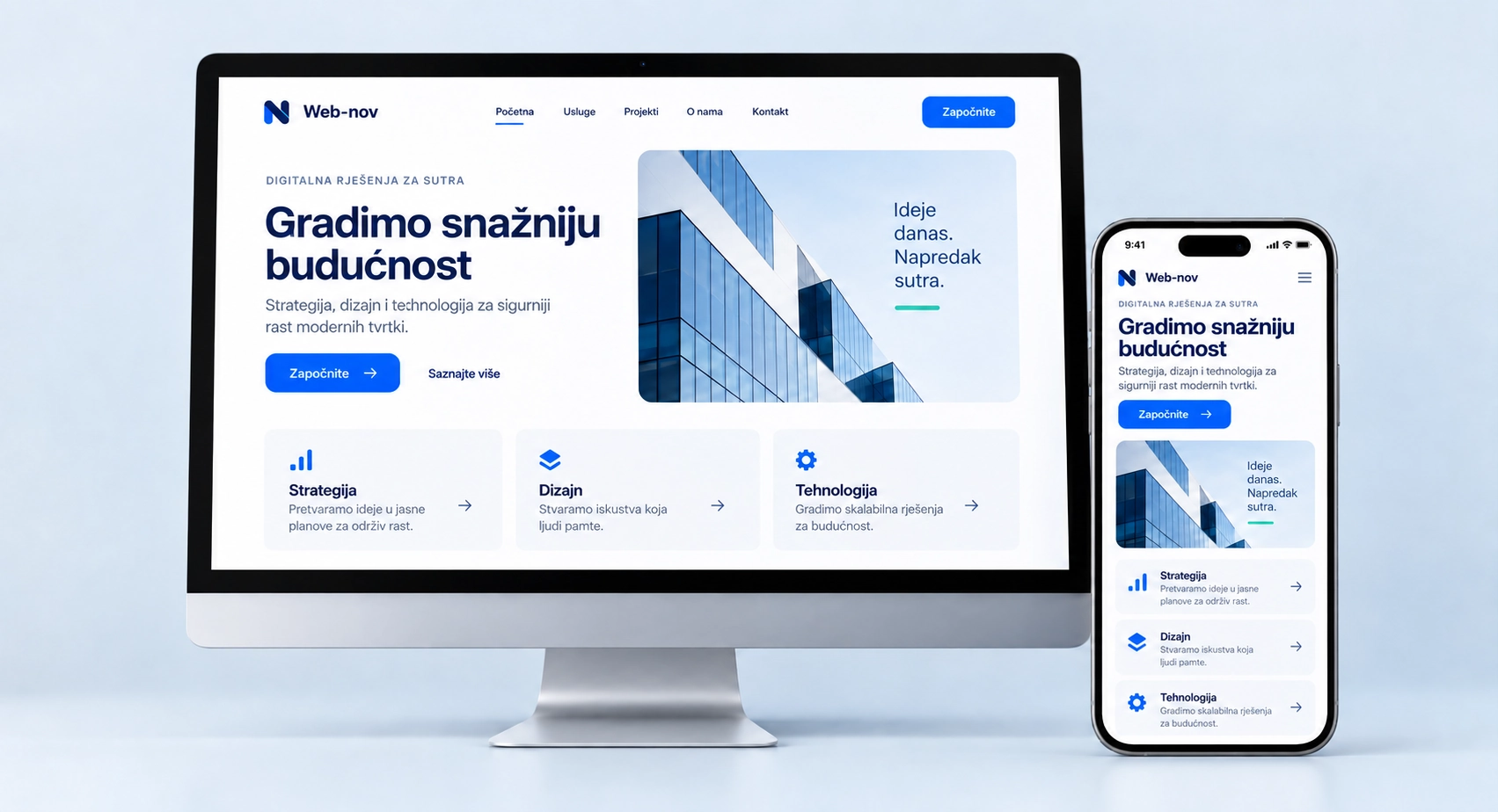 Izrada web stranica u Zagrebu Prikaz responzivne poslovne web-stranice Web-nov na desktop računalu i mobitelu za uslugu izrade web stranica u Zagrebu.